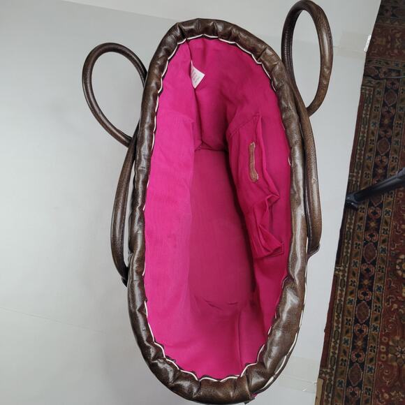 Limited Edition Straw Tote Bag Bright Raspberry Lined 2 Pocket Wooden Bead Charm - Picture 4 of 6